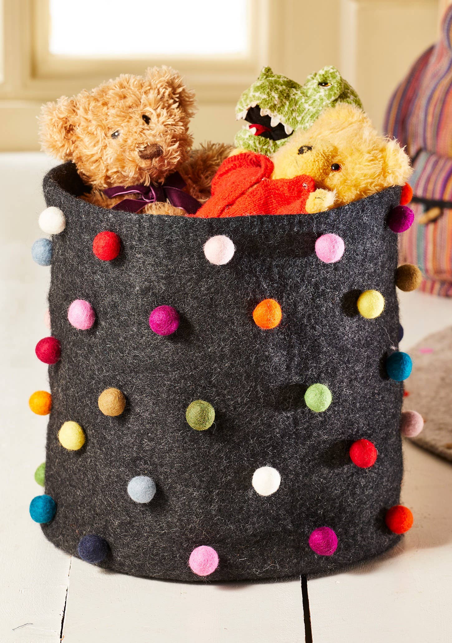 Rainbow Pom Pom Felt Storage Basket